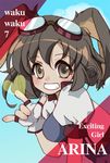  \m/ animal_ears bad_id bad_pixiv_id brown_eyes brown_hair fingerless_gloves gloves goggles grin lowres makihara_arina senkyoushi_gondolf smile solo waku_waku_7 