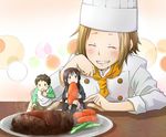  2girls akiyama_mio brown_hair carrot chef chef_hat chef_uniform closed_eyes eating hamburger_steak hat k-on! miniboy minigirl multiple_girls shakeda_mamoshirou short_hair sleeves_rolled_up tainaka_ritsu tainaka_satoshi toque_blanche 