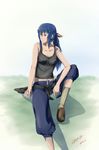  bare_shoulders blue_eyes blue_hair boots capri_pants casual clothes_around_waist flat_chest hair_ribbon highres imca long_hair midriff navel pants ponytail ribbon senjou_no_valkyria senjou_no_valkyria_3 sidelocks signature solo srkh sweater sweater_around_waist tank_top unbuttoned 