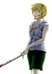  bad_id bad_pixiv_id blonde_hair blood breasts cleavage heather_mason highres katana medium_breasts short_hair silent_hill silent_hill_3 simple_background smile solo sword weapon 