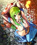  armpits arms_behind_head arms_up breasts covered_nipples detached_sleeves from_above green_eyes green_hair hair_ornament highres kochiya_sanae large_breasts long_hair looking_at_viewer looking_up navel see-through solo touhou umigarasu_(kitsune1963) 