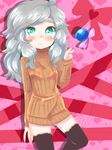  aqua_eyes black_legwear komeiji_koishi orange_shirt shirt short_hair silver_hair solo sweater thighhighs touhou yukimimi 