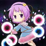  chibi danmaku dress frills hairband heart komeiji_satori looking_back pink_hair purple_eyes short_hair solo touhou yamabuki_(yusuraume) 