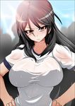  bad_id bad_pixiv_id black_hair blush breasts frown fukiyose_seiri hands_on_hips highres large_breasts long_hair nipples no_bra open_mouth red_eyes see-through solo to_aru_majutsu_no_index tony_man+ wet 