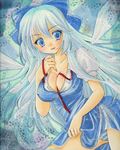  alternate_hair_length alternate_hairstyle between_breasts blue_eyes blue_hair blush bow breasts cirno cleavage dress dress_lift hair_bow large_breasts long_hair mitsuba_(threeleaf) multiple_wings older panties pastel_(medium) ribbon striped striped_panties touhou underwear undressing wings 