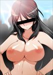 bad_id bad_pixiv_id black_hair blush breasts censored frown fukiyose_seiri hands_on_hips highres identity_censor large_breasts long_hair nipples open_mouth red_eyes solo to_aru_majutsu_no_index tony_man+ topless 