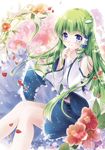  blue_eyes camellia detached_sleeves flower frog green_hair hair_ornament kochiya_sanae long_hair miyase_mahiro snake solo touhou 