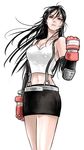  belt black_hair breasts brown_eyes earrings elbow_gloves female final_fantasy final_fantasy_vii fingerless_gloves gloves jewelry lnsmbby long_hair midriff miniskirt simple_background skirt solo suspenders tank_top tanktop tifa_lockhart white_background 