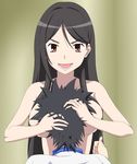  1girl black_hair breast_smother breasts brown_eyes fukiyose_seiri kamijou_touma large_breasts long_hair ribonzu smile thumbs_up to_aru_majutsu_no_index topless 