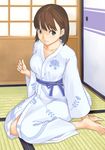  anegasaki_nene barefoot bath_yukata brown_eyes brown_hair japanese_clothes kimono love_plus mole mole_under_eye oboro_(squeeze) short_hair sitting solo tatami yukata 