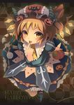 bad_id bad_pixiv_id basket blonde_hair checkered checkered_background dress fang finger_to_mouth flandre_scarlet food_themed_hair_ornament grey_background hair_ornament halloween happy_halloween hat jack-o'-lantern pumpkin pumpkin_hair_ornament sanntouhei short_hair solo touhou wings yellow_eyes 