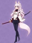  animal_ears black_legwear katana konshin legs long_hair original pantyhose pink_hair red_eyes skirt solo sword tail weapon 