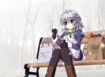  bag bench blue_eyes boots braid bread can chair clock contemporary food forest gloves groceries izayoi_sakuya lili2th maid maid_headdress mittens nature pantyhose pocket_watch short_hair silver_hair snow solo tomato touhou twin_braids watch 