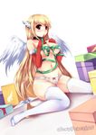  angel_wings astraea bare_shoulders blonde_hair blush breasts cleavage hair_ornament large_breasts long_hair ribbon see-through solo sora_no_otoshimono tears thighhighs white_legwear windforcelan wings 