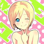  bad_id bad_pixiv_id bangs blonde_hair blue_eyes erica_hartmann flat_chest kaida_bola looking_at_viewer nude one_eye_closed pink_background polka_dot polka_dot_background short_hair smile solo strike_witches upper_body v world_witches_series 