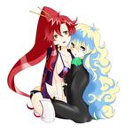  2girls antispiral_nia belt bikini_top breasts dark_persona hair_ornament long_hair medium_breasts multicolored_hair multiple_girls nia_teppelin open_mouth ponytail red_eyes red_hair sueno_(tochi) tengen_toppa_gurren_lagann two-tone_hair yellow_eyes yoko_littner 