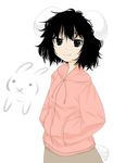  alternate_costume animal_ears black_hair bob_cut bunny bunny_ears bunny_tail casual contemporary face hands_in_pockets inaba_tewi kuro_oolong messy_hair short_hair smile solo tail touhou 