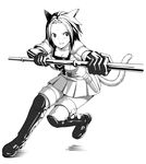  animal_ears boots breasts cleavage final_fantasy final_fantasy_xiv greyscale medium_breasts miqo'te monochrome oboro_(squeeze) solo tail thigh_boots thighhighs zettai_ryouiki 