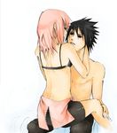  1girl black_hair couple haruno_sakura hetero ilabarattolo naruto naruto_(series) naruto_shippuuden pink_hair sitting sitting_on_lap sitting_on_person straddling uchiha_sasuke upright_straddle 