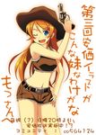  blue_eyes cowboy_hat cowboy_shot gun hat highres kousaka_kirino kuroma_(no_plan) long_hair midriff one_eye_closed orange_hair ore_no_imouto_ga_konna_ni_kawaii_wake_ga_nai shorts solo translation_request weapon western 