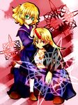  alternate_costume bespectacled blonde_hair blush glasses green_eyes highres horn hoshiguma_yuugi long_hair mizuhashi_parsee multiple_girls open_clothes open_shirt pleated_skirt pointy_ears red_eyes sarashi school_uniform shirt short_hair skirt touhou yzb-030 