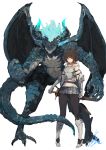  1girl 1other armor brown_hair demon demon_horns demon_wings gauntlets greaves highres hood hoodie horns lansane orange_eyes original pantyhose sheath sheathed short_hair signature sword tail weapon white_background wings 