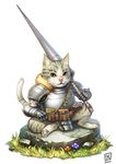  belt cat gauntlets lance lieqi_hun mushroom no_humans original personification polearm pouch rock simple_background sitting tail weapon yellow_eyes 