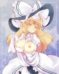  alternate_costume blonde_hair bonnet braid breasts breasts_outside gloves hat heart invincible_marisa kirisame_marisa large_breasts long_hair new_super_marisa_land nipples older sen1986 shirt_pull solo touhou white_gloves witch_hat yellow_eyes 