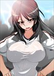  bad_id bad_pixiv_id black_hair blush breasts fang fukiyose_seiri hands_on_hips highres large_breasts long_hair open_mouth red_eyes solo to_aru_majutsu_no_index tony_man+ 