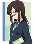  alternate_hairstyle brown_eyes brown_hair glasses ikari_manatsu k-on! long_hair manabe_nodoka md5_mismatch red-framed_eyewear school_uniform semi-rimless_eyewear smile solo under-rim_eyewear 