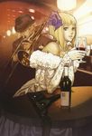  1girl alcohol bare_shoulders blonde_hair bob_cut bottle cup dress drinking_glass formal gloves gown green_eyes hair_ornament highres holster instrument jewelry lips maeshima_shigeki mattalast_balory milepoch_finedel necklace tatakau_shisho trombone white_dress wine wine_glass 