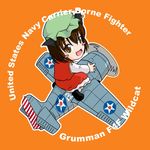  aircraft airplane animal_ears blush_stickers brown_eyes brown_hair cat_ears chen chibi commentary f4f_wildcat hat military sakurato_tsuguhi short_hair solo touhou world_war_ii 