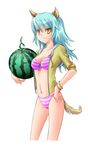  1girl animal_ears bikini blue_hair bracelet dog_ears dog_tail fictional_persona food front-tie_top fruit holding holding_food holding_fruit hood hood_down hoodie jewelry long_hair navel open_clothes open_hoodie original self-portrait sleeves_rolled_up solo striped striped_bikini striped_swimsuit swimsuit tail watermelon yellow_eyes 