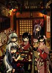  :&gt; ^_^ alcohol angry animal_ears barefoot black_hair blue_hair bottle bow bunny_ears choko_(cup) chopsticks closed_eyes cup food fujiwara_no_mokou grill hair_bow hat hat_removed head_scarf headwear_removed houraisan_kaguya imperishable_night inaba_tewi indoors jiageya_(atojian_keikaku) kamishirasawa_keine long_hair multicolored_hair multiple_girls mystia_lorelei night okamisty red_hair reisen_udongein_inaba restaurant sake short_hair smile tokkuri touhou two-tone_hair very_long_hair white_hair wings 