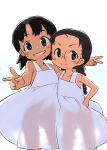  2girls arm_around_neck bangs black_eyes black_hair blue_eyes blush_stickers brown_eyes casual child closed_mouth commentary cowboy_shot double_v dress fukuda_(girls_und_panzer) girls_und_panzer glasses grin hamahara_yoshio hand_on_hip head_tilt highres looking_at_viewer medium_dress multiple_girls nina_(girls_und_panzer) round_eyewear see-through short_twintails smile sundress thigh_gap twintails v v-shaped_eyes white_dress 