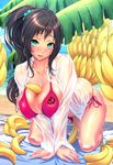  all_fours banana beach between_breasts bikini blush breasts chinbotsu day food fruit green_eyes heart huge_breasts jewelry long_hair looking_at_viewer ocean original outdoors ponytail ring shirt side-tie_bikini skindentation smile solo swimsuit symbol-shaped_pupils water wedding_band wet wet_clothes white_shirt 