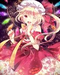  blonde_hair bow bowtie domotolain fang flandre_scarlet glowing hat one_eye_closed petticoat pointing pointy_ears red_eyes ribbon short_hair side_ponytail smile solo touhou wings wrist_ribbon 