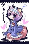  bloodshot_eyes blush chibi drooling futase_hijiri hairband heart jitome kneeling komeiji_satori object_on_head panties panties_on_head purple_eyes purple_hair simple_background solo striped striped_panties third_eye touhou underwear 