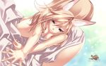  agarest_senki agarest_senki_(series) all_fours animal_ears bad_proportions blonde_hair downblouse dutch_angle highres hirano_katsuyuki long_hair official_art sherufanir_(agarest_senki) solo tail 