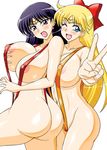  aino_minako areolae ass bishoujo_senshi_sailor_moon black_hair blonde_hair blue_eyes bow breast_grab breasts grabbing half_updo hino_rei inner_senshi large_breasts long_hair magical_girl multiple_girls rainkeru red_bow sailor_mars sailor_venus slingshot_swimsuit swimsuit v yuri 