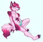  2019 anthro blush canid canine canis cum cum_drip dripping erection grin knot liczka male male/male mammal nude penis raised_leg simple_background smile smirk solo spread_legs spreading wolf 