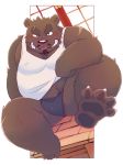  2019 anthro belly blush brown_fur clothing fur humanoid_hands male mammal moobs nipples overweight overweight_male shirt sitting solo ursid yaoyasohachi 
