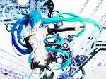  aqua_eyes aqua_hair bad_id bad_pixiv_id bridal_gauntlets gradient_hair hair_over_one_eye hand_on_own_chest hatsune_miku hatsune_miku_(append) long_hair mujun_(zipper) multicolored_hair navel necktie outstretched_arm solo thigh_gap thighhighs twintails very_long_hair vocaloid vocaloid_append 