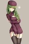  1girl alternate_costume bangs beret black_legwear black_panties blush breasts c.c. cleavage cleavage_cutout code_geass covering covering_crotch dress eyebrows_visible_through_hair frown garter_straps green_hair grey_background hand_on_own_arm hat highres long_hair long_sleeves looking_at_viewer lucky_keai medium_breasts meme_attire nose_blush open-chest_sweater panties pantyshot pantyshot_(standing) purple_hat purple_sweater simple_background sleeves_past_wrists solo squiggle standing sweater sweater_dress thigh_gap thighhighs twitter_username underwear wavy_mouth yellow_eyes 