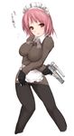  blush breast_hold breasts brown_eyes copyright_request crotch_seam gun maid nekohige panties panties_under_pantyhose pantyhose pantyshot pink_hair short_hair solo underwear weapon 