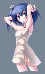  adjusting_hair arms_up bad_anatomy blue_eyes blue_hair censored cropped_legs grey_background hair_bobbles hair_ornament highres kawashiro_nitori mouth_hold naked_towel novelty_censor short_hair solo tama_(speedgrapher) touhou towel twintails two_side_up 