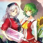  ;) ascot bad_id bad_pixiv_id flower green_hair hat kazami_yuuka large_syringe lipstick long_hair makeup multiple_girls nail_polish one_eye_closed oversized_object purple_eyes red_eyes red_nails reika_(clovia_studio) short_hair silver_hair skirt skirt_set smile sunflower syringe touhou umbrella vest yagokoro_eirin 