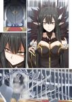  1girl black_hair breasts chains cleavage commentary_request door dust_particles explosion fate/grand_order fate_(series) fur_trim ginhaha large_breasts long_hair pointy_ears red_carpet semiramis_(fate) shards slit_pupils solo surprised sweat very_long_hair yellow_eyes 