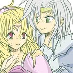  1boy 1girl armor artist_request blonde_hair cecil_harvey couple female final_fantasy final_fantasy_iv green_eyes grey_hair long_hair lowres male pink_eyes rosa_farrell tiara 