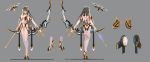  300_heroes absurdres arrow ass bodysuit bow_(weapon) breasts character_sheet glasses gloves grey_background grey_hair headgear high_heels highres large_breasts long_hair looking_at_viewer multiple_views orange_eyes shiny shiny_clothes simple_background solo standing weapon white_bodysuit white_legwear zhuore_zhi_hen 